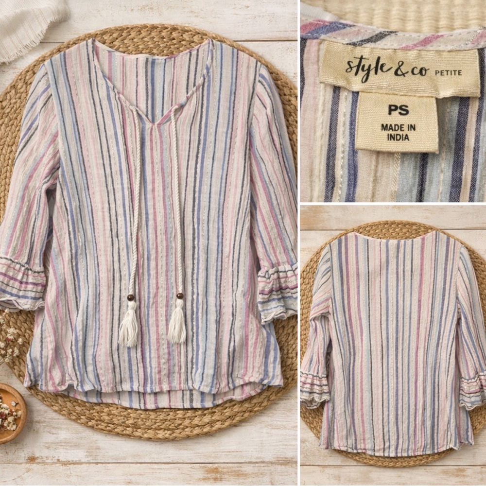 Style & Co Bell Sleeve Top with Tassels Pink Purple Blue Silver Petite Small